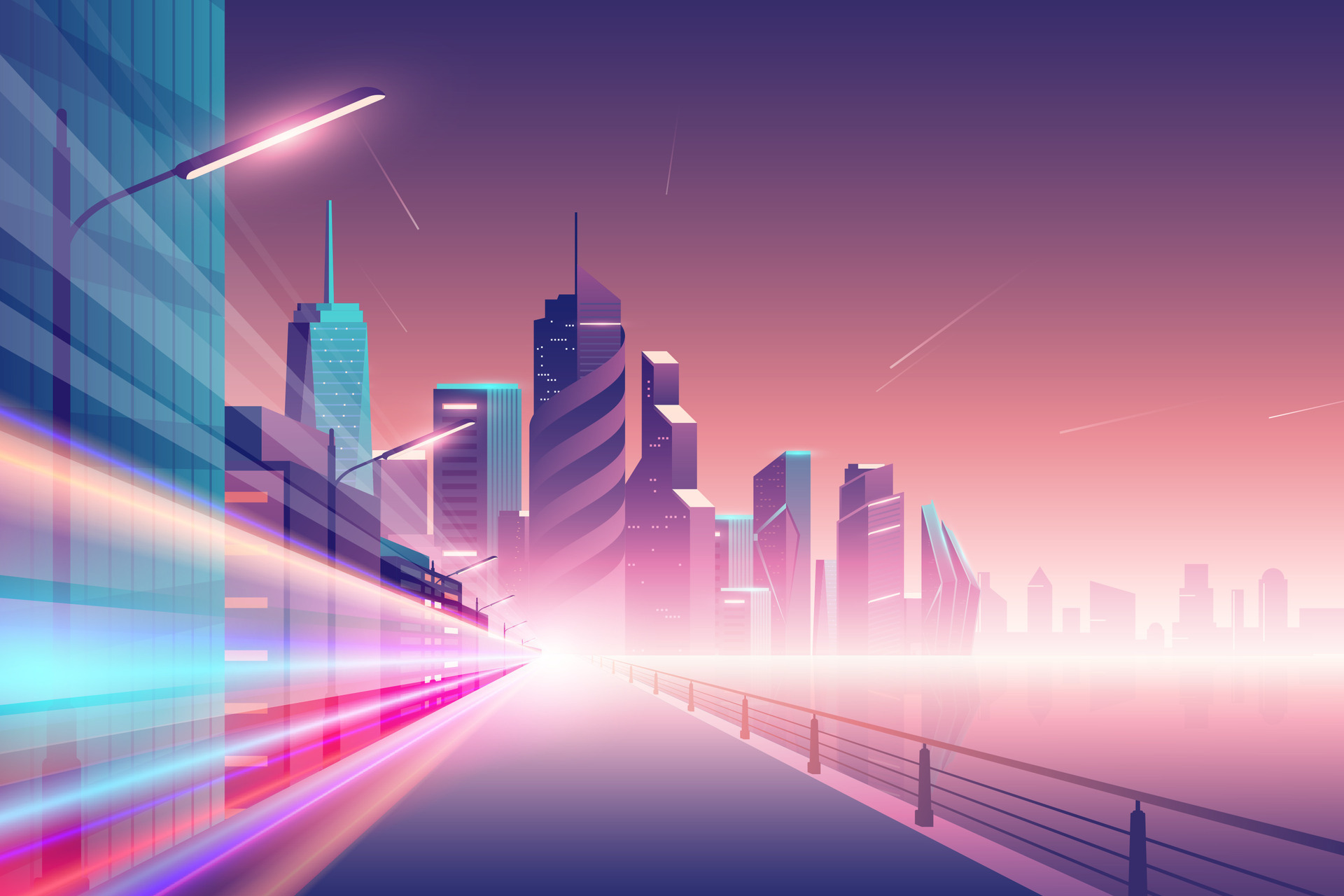 Night city background, Urban skyscrapers in neon colors, town exterior
