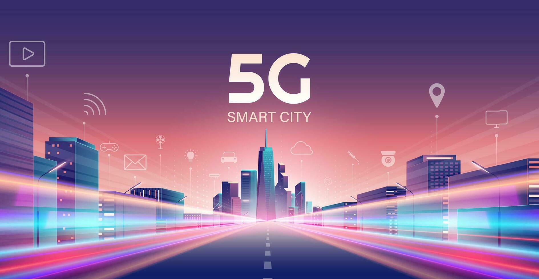 5g inalámbrico red y inteligente ciudad concepto. noche urbano ciudad con cosas y servicios íconos conexión, Internet de cosas, 5g red inalámbrico con alto velocidad conexión plano diseño. vector