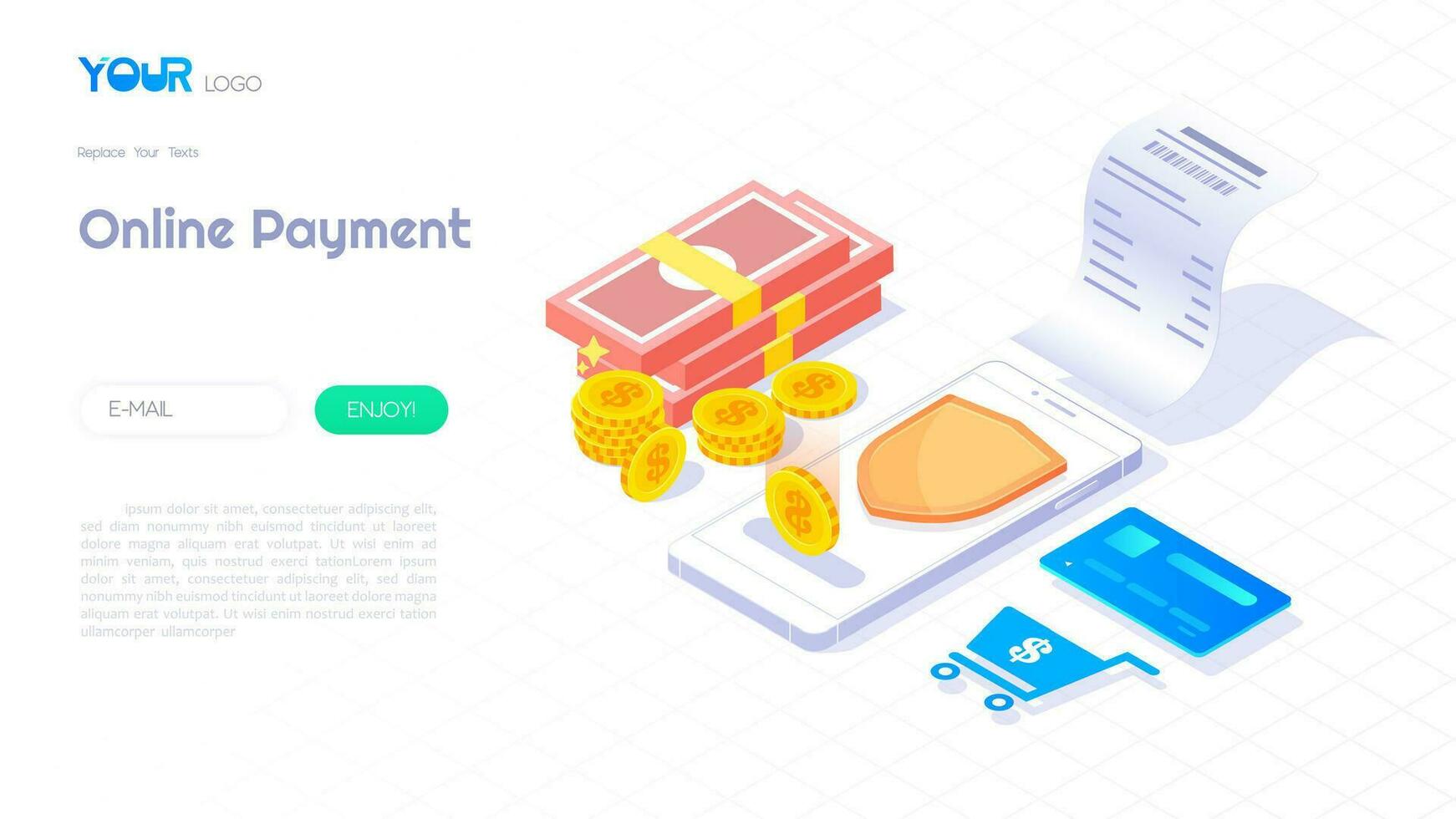 Online payment through smartphone isometric concept, billing illustration web banner, secure payment technology vector. vector