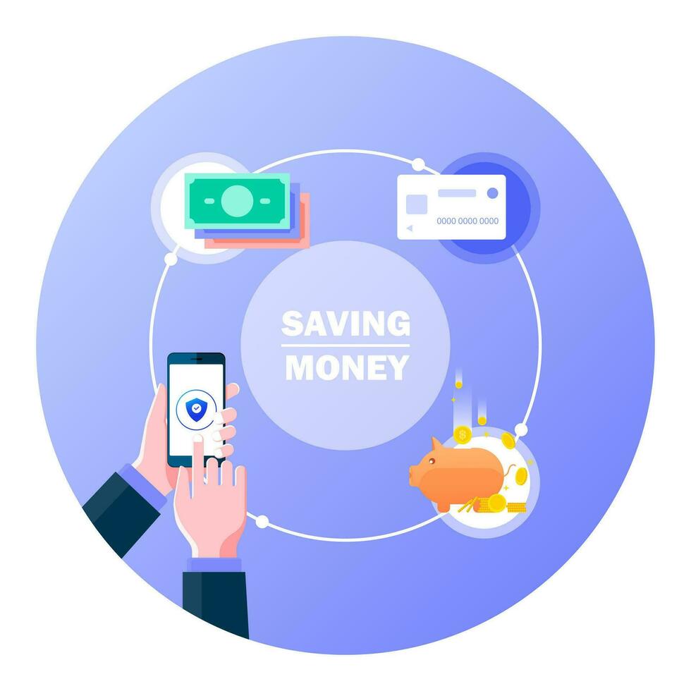 Saving money concept for finance. Holding smartphone manage money, credit card, piggy bank and mobile banking, money investment flat design vector for web design or banner