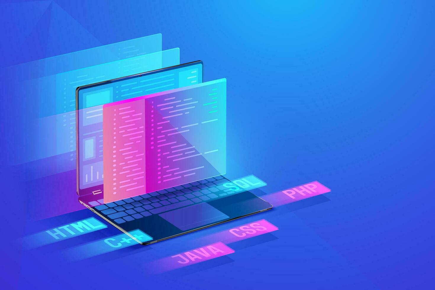 Software development, application design, coding and programming on computer laptop concept with programming language and program code and layout on screen vector isometric