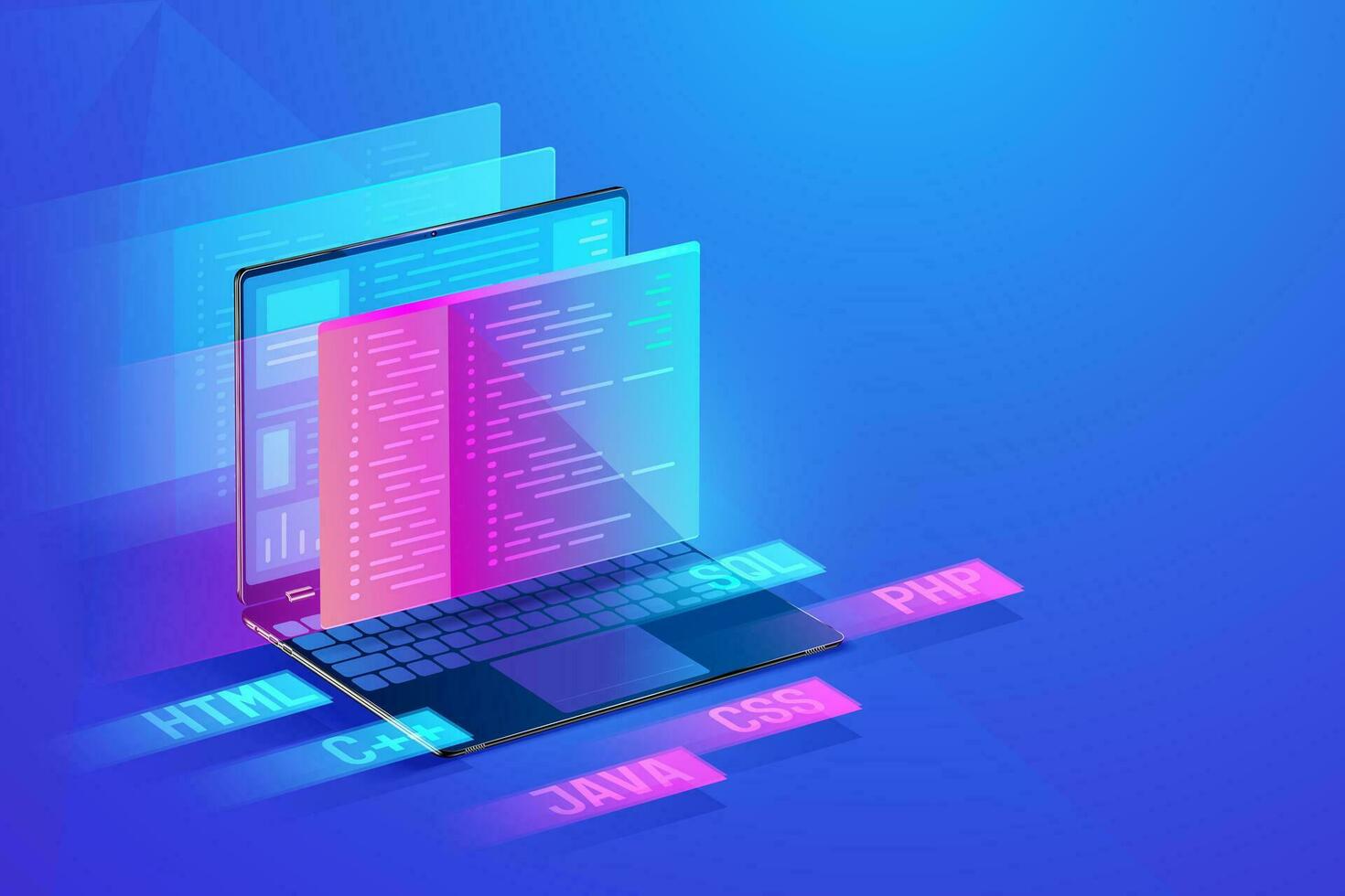 software desarrollo, solicitud diseño, codificación y programación en computadora ordenador portátil concepto con programación idioma y programa código y diseño en pantalla vector isométrica