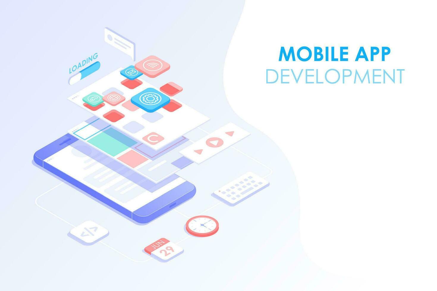 Mobile app development and web design isometric concept. App testing and layered user interface on smartphone screen for web banner background. vector