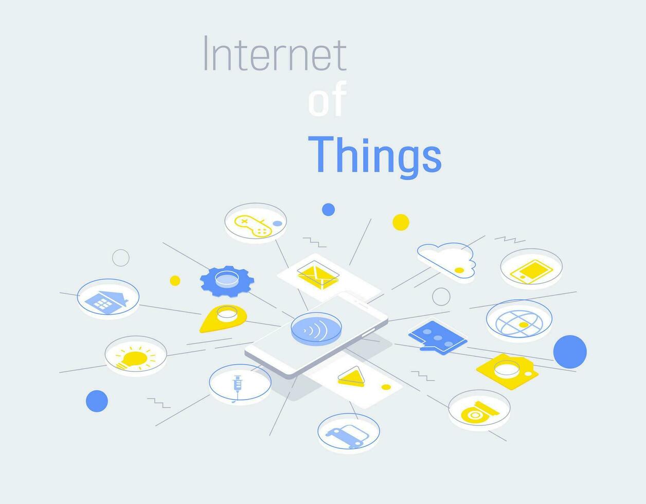 Internet of things and internet connections infographic modern linear style, mobile control connected with items and services. vector illustration.
