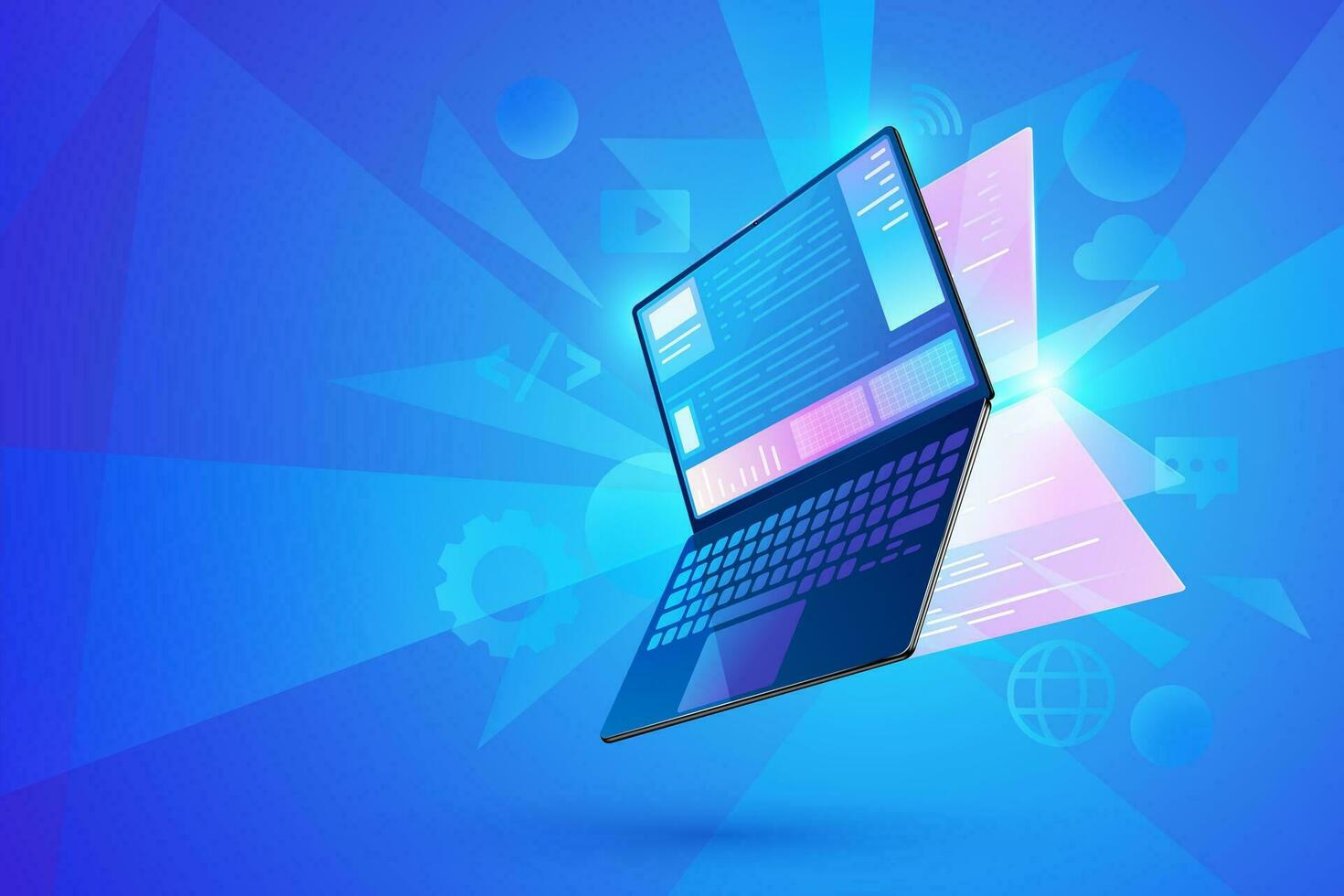 Software development concept, user interface Laptop with virtual interactive screens processing, web interface design, software coding and programming languages vector