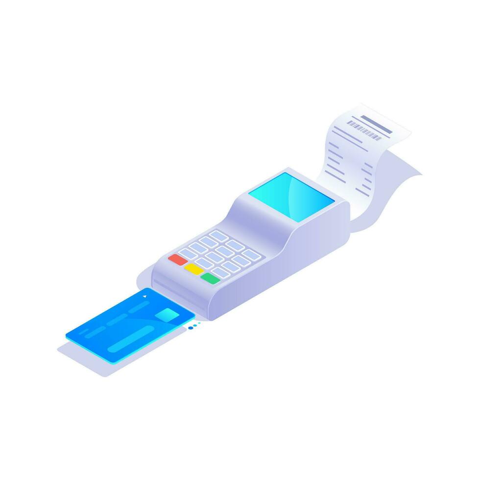 Isometric credit card terminal icon, POS Terminal with credit card on white background vector illustration.