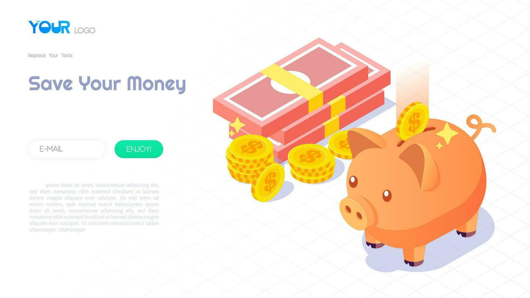 ahorro dinero con cerdito banco concepto, moderno isométrica cerdito banco, dinero y monedas en resumen antecedentes para sitio web modelo. vector ilustración.