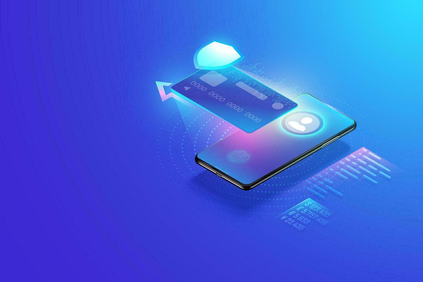 seguro en línea pago transacción con teléfono inteligente Internet bancario vía crédito tarjeta en móvil. proteccion compras inalámbrico pagar mediante teléfono inteligente isométrica concepto. vector