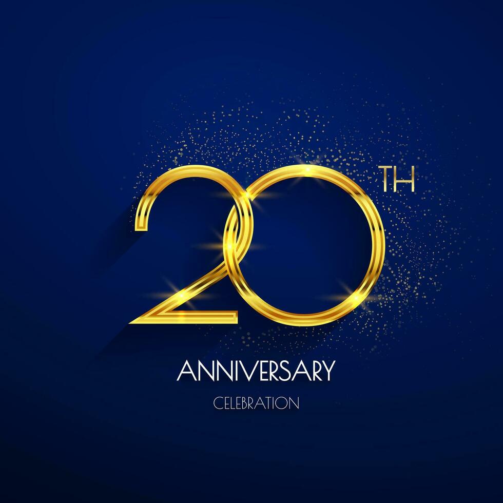 Vigésimo aniversario logo con lujo dorado aislado en elegante azul fondo, brillar, vector diseño para saludo tarjeta y invitación tarjeta
