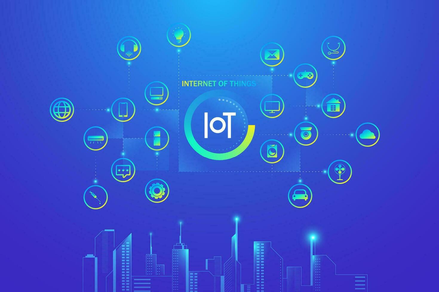 inteligente ciudad y Internet de cosas. red comunicaciones con cosas y objetos, inteligente hogar y móvil dispositivo conectividad concepto antecedentes. vector