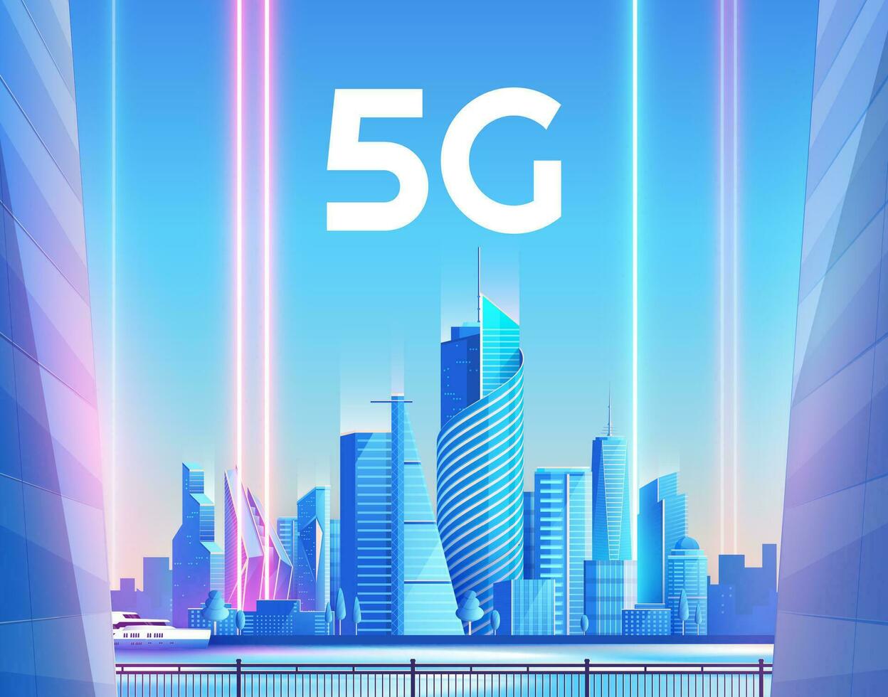 5G wireless network and smart city concept. night urban city with things and services icons connection, internet of things, 5G network wireless with high speed connection flat design. vector