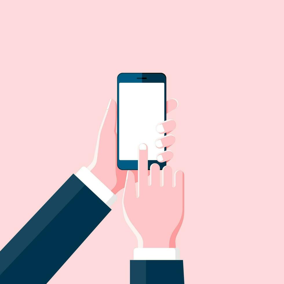 Cartoon hand holding smartphone and touch on blank black screen on pink background vector