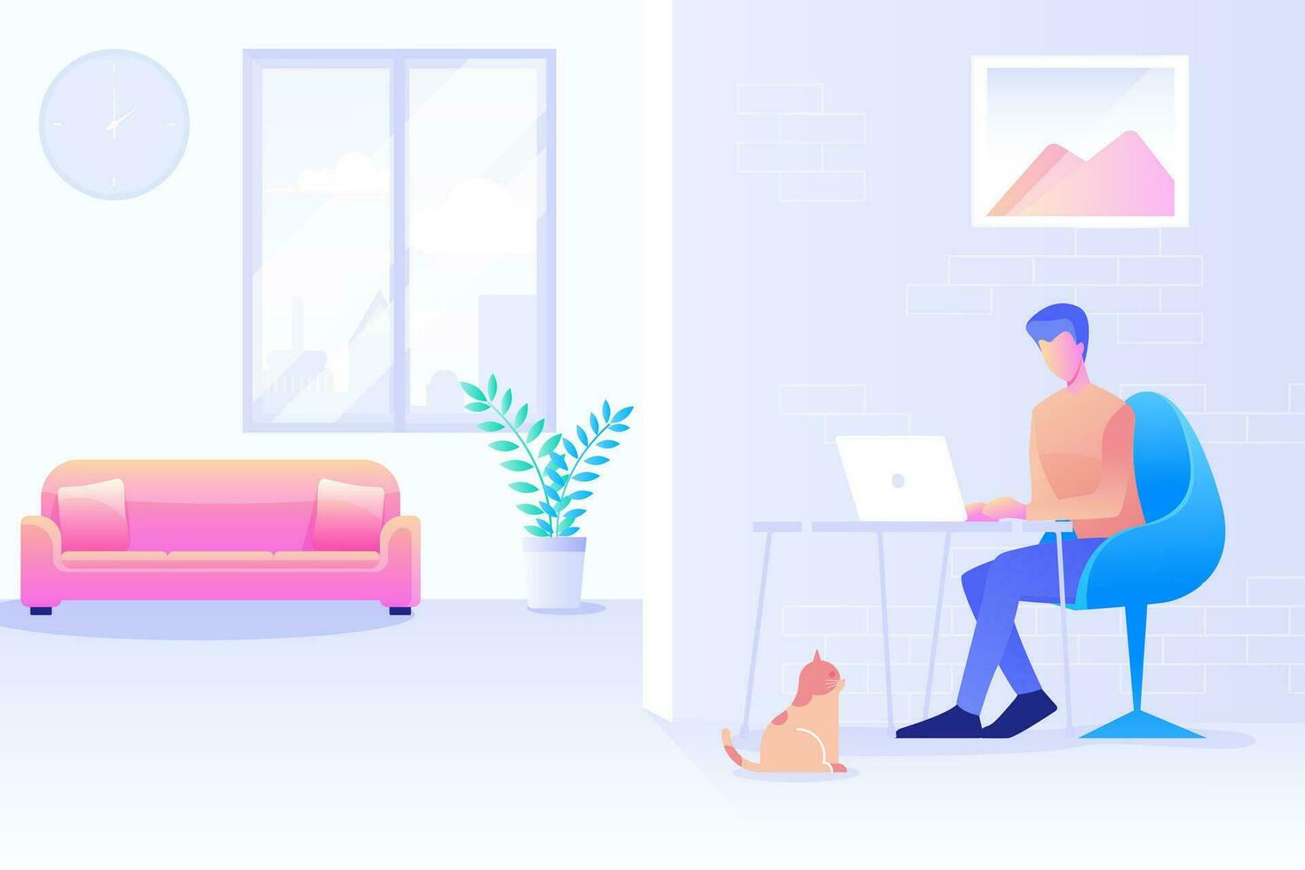 a man working from home, home office, a man using computer, coworking space, a freelancer working at home background flat vector design.