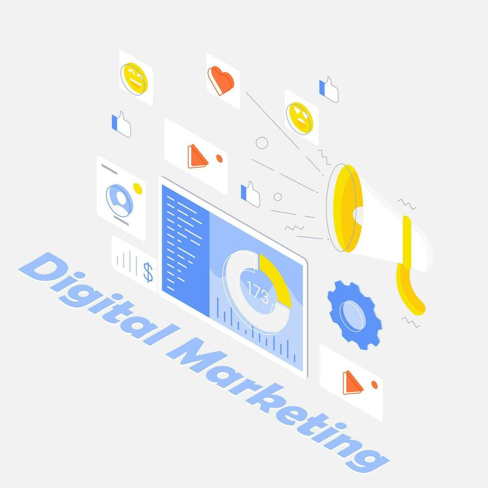 Digital marketing, social media advertising, research, SEO, and marketing analysis. Concept vector illustration.