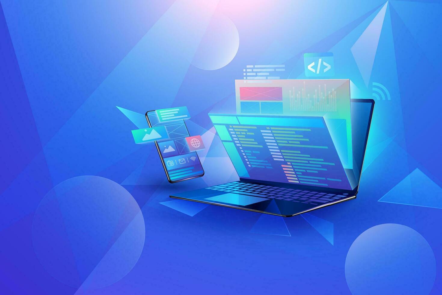 Mobile app development concept design cross platform user interface Laptop with virtual interactive screens processing, web interface design, software coding and programming languages vector