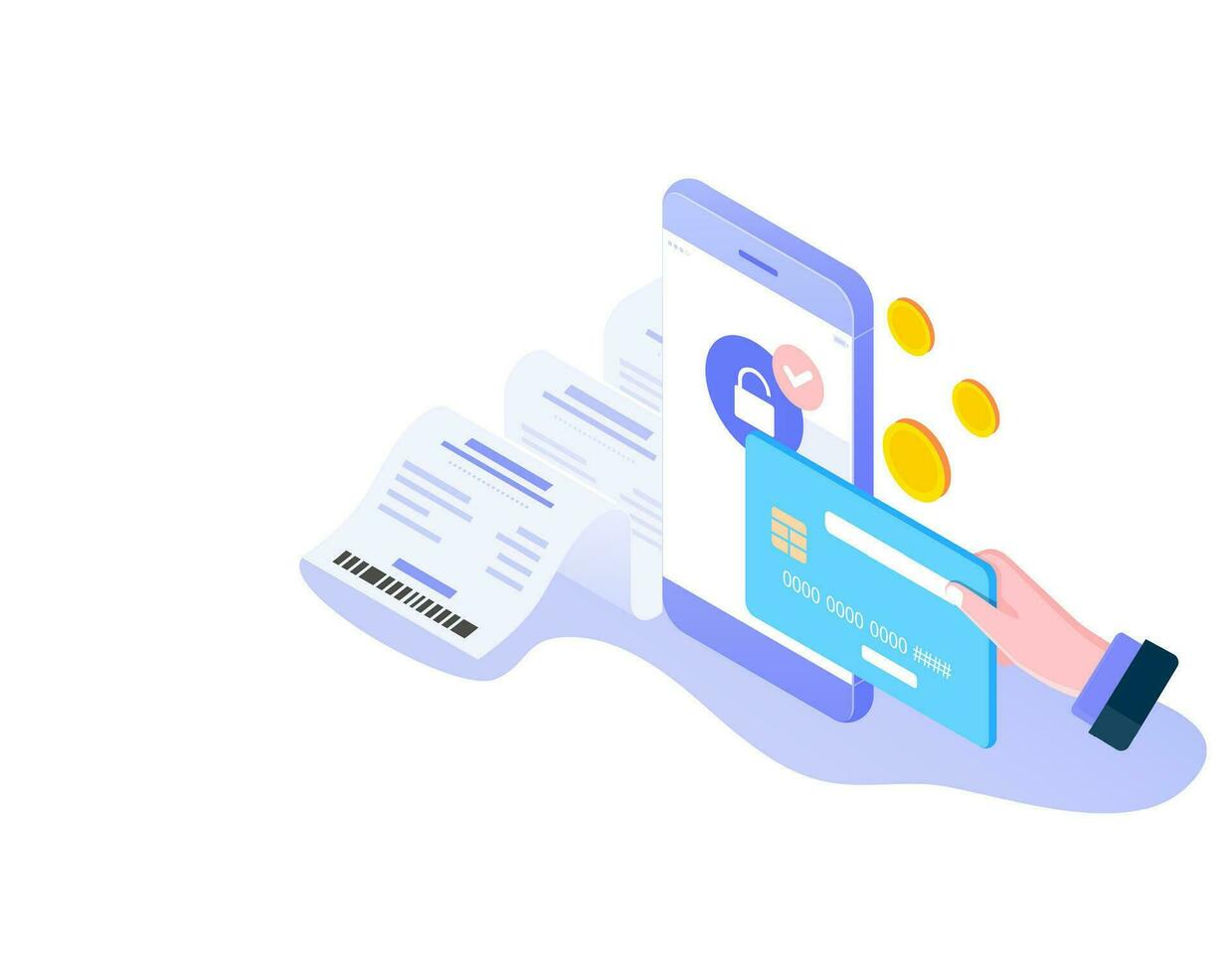 Online mobile payment isometric concept. Payment protection, Cashless society and billing via smartphone on white background. Vector illustration.
