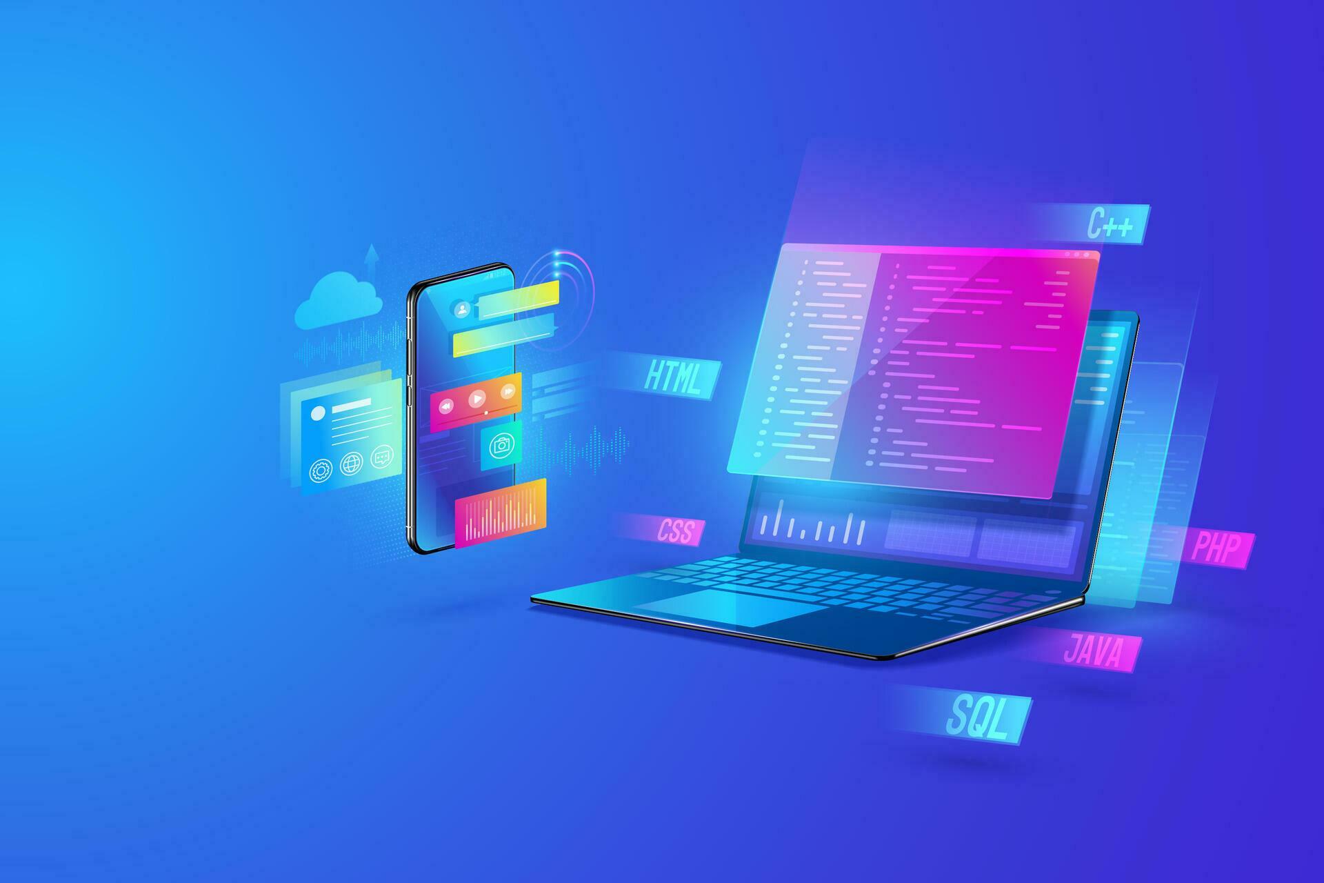 Web development, application design, coding and programming on laptop ...