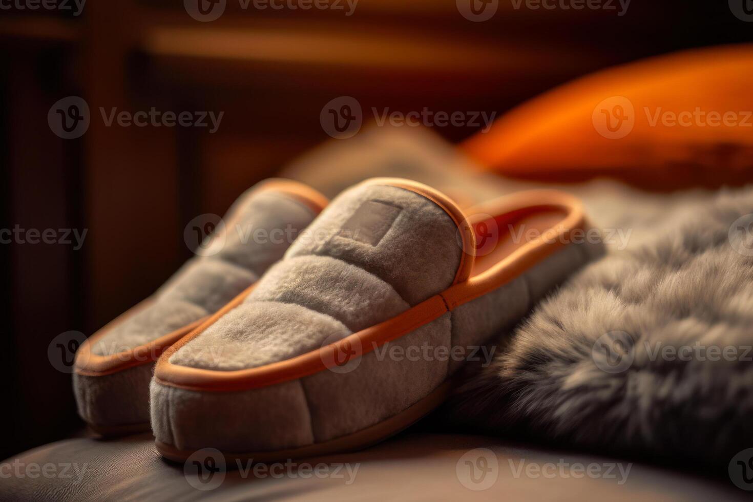 soft slippers in the bedroom close-up, home comfort concept photo