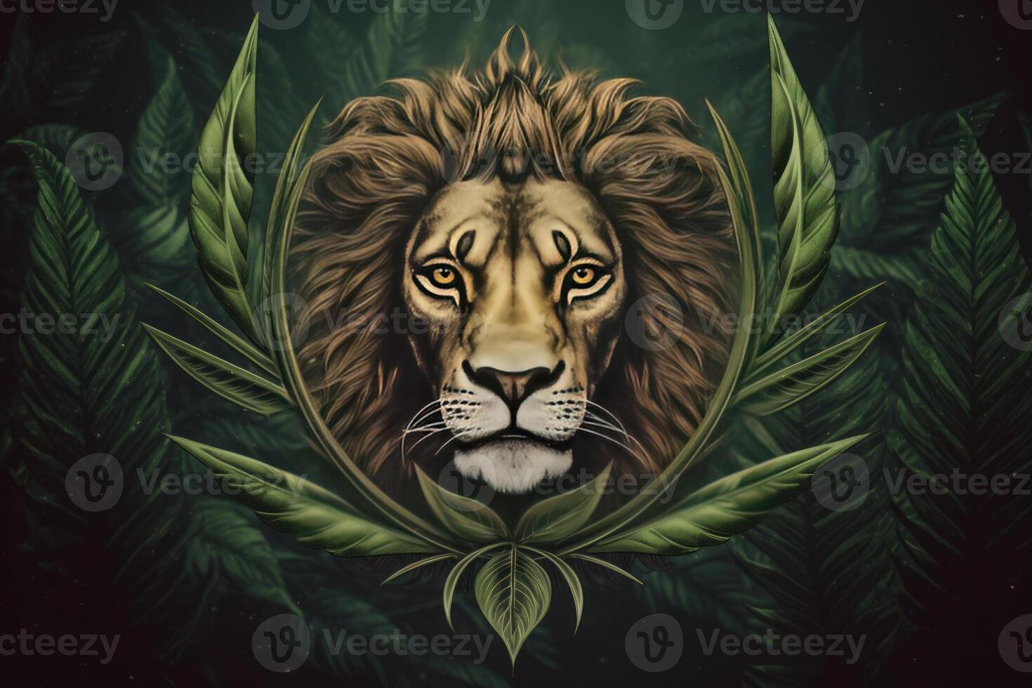 logo cabeza de un león en canabis hojas en un oscuro fondo, marijuana animal medicina generativo ai foto