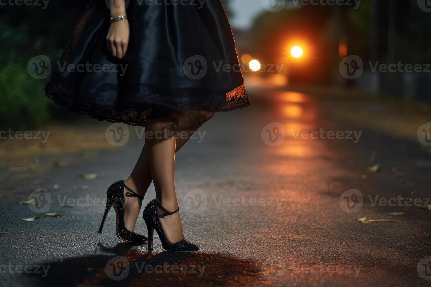 girl goes on a date in a black evening dress and high heels photo