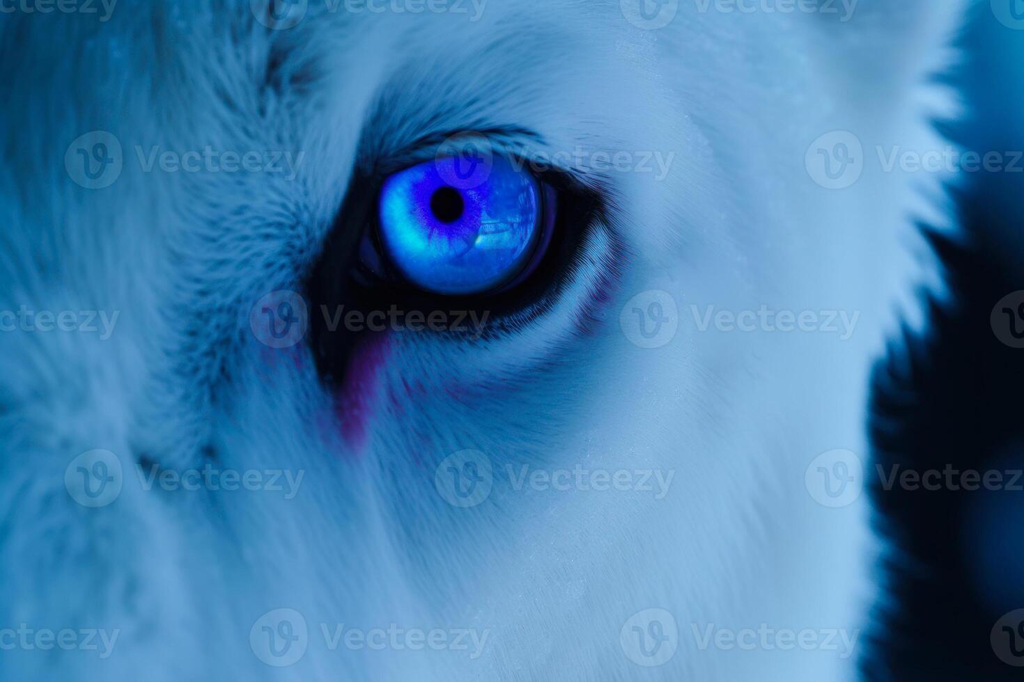 close-up of the eye of a white animal, cold neon colors generative ai photo