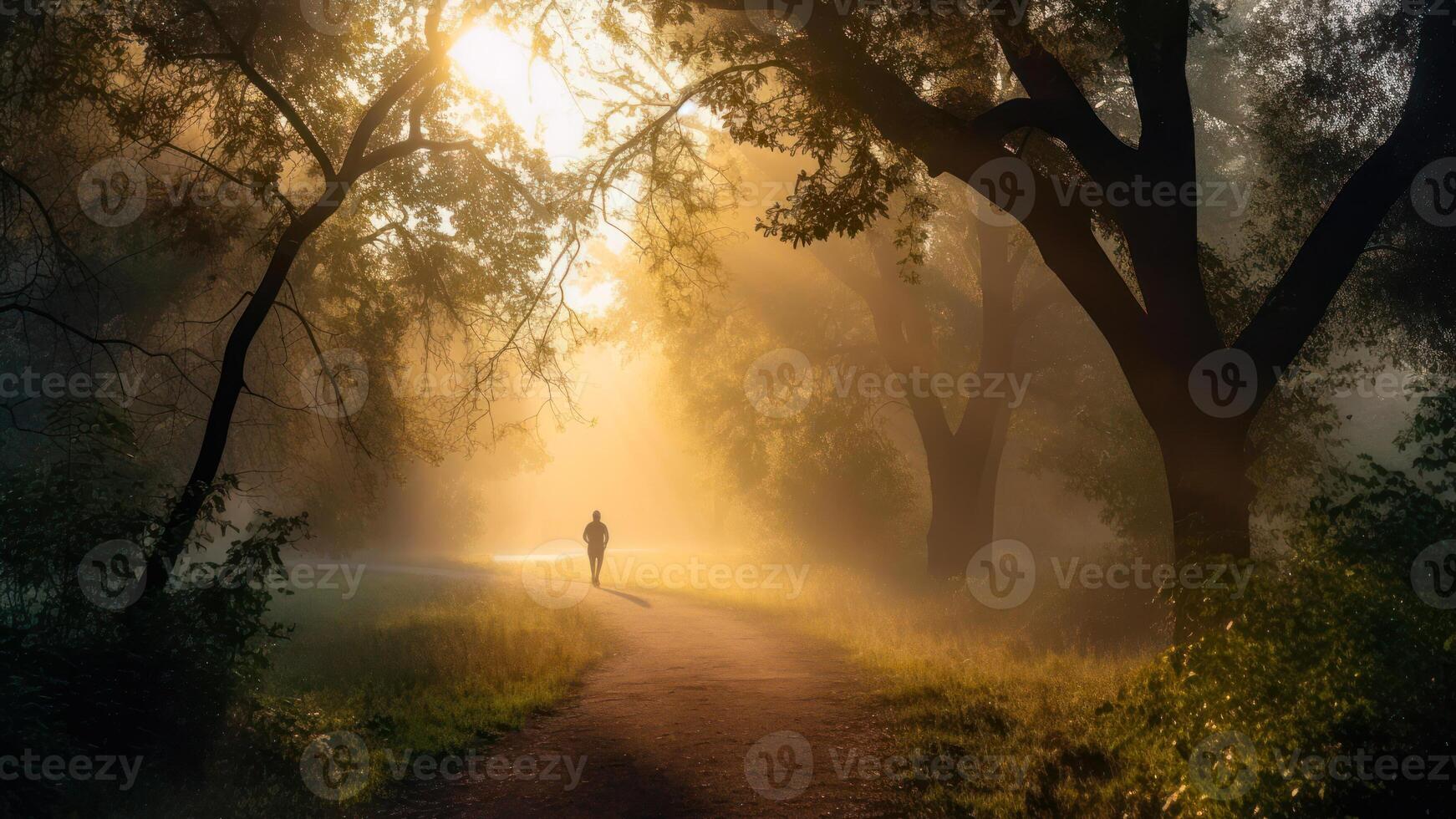 jogging in the morning foggy park photo