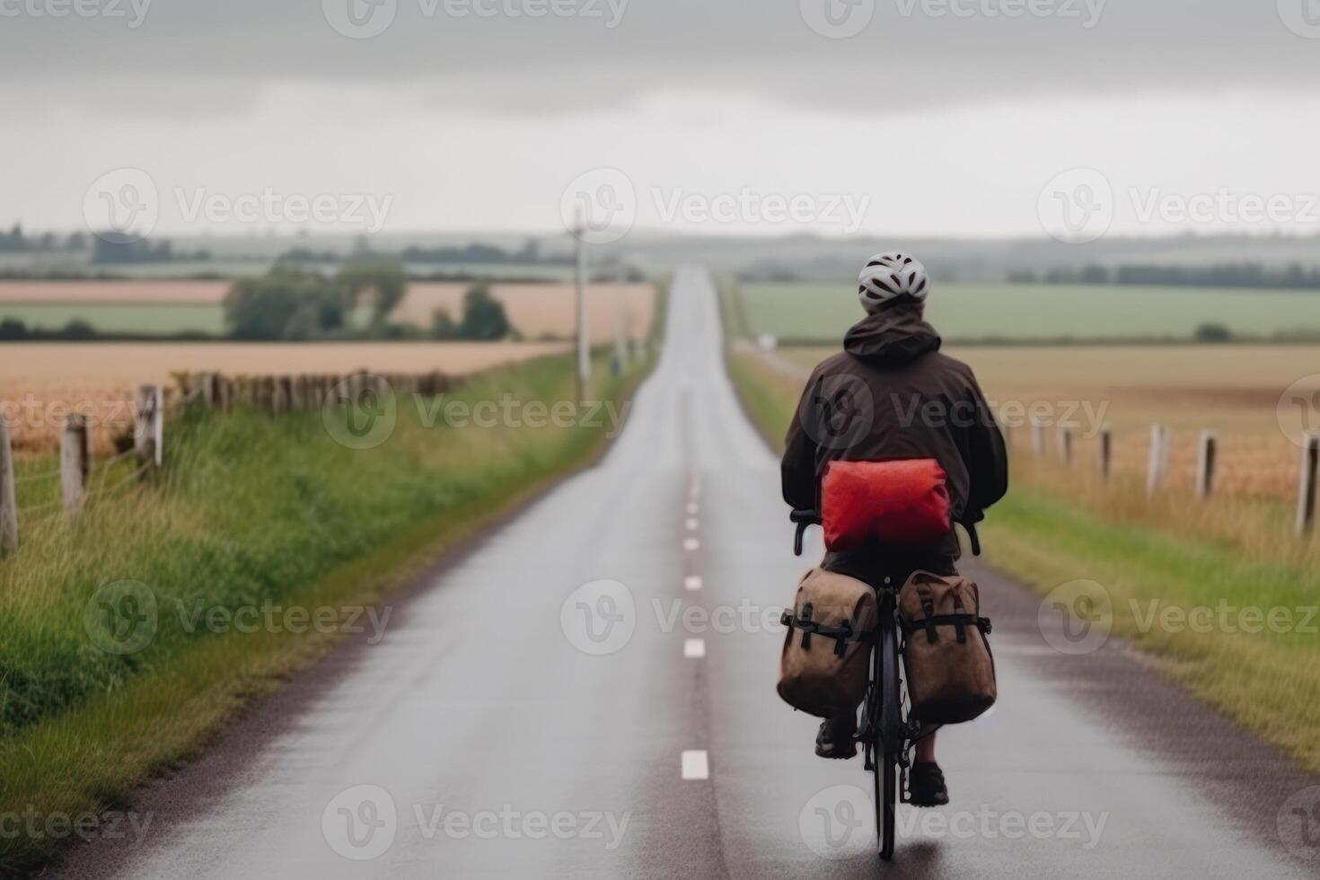 a man rides a bicycle on an empty road among a beautiful field, the concept of cycling travel photo