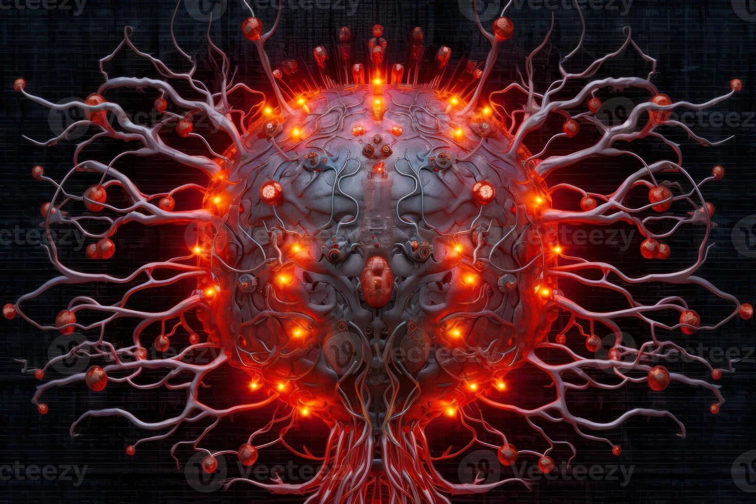 brain with microchips on a dark background, the concept of the fusion of the brain and artificial intelligence photo