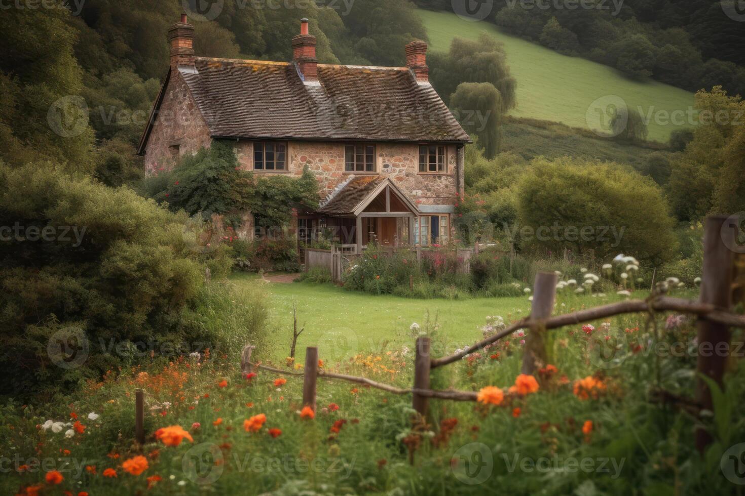 cozy house on a green hilly area among greenery and flowers, a quiet, calm, relaxing place generative ai photo