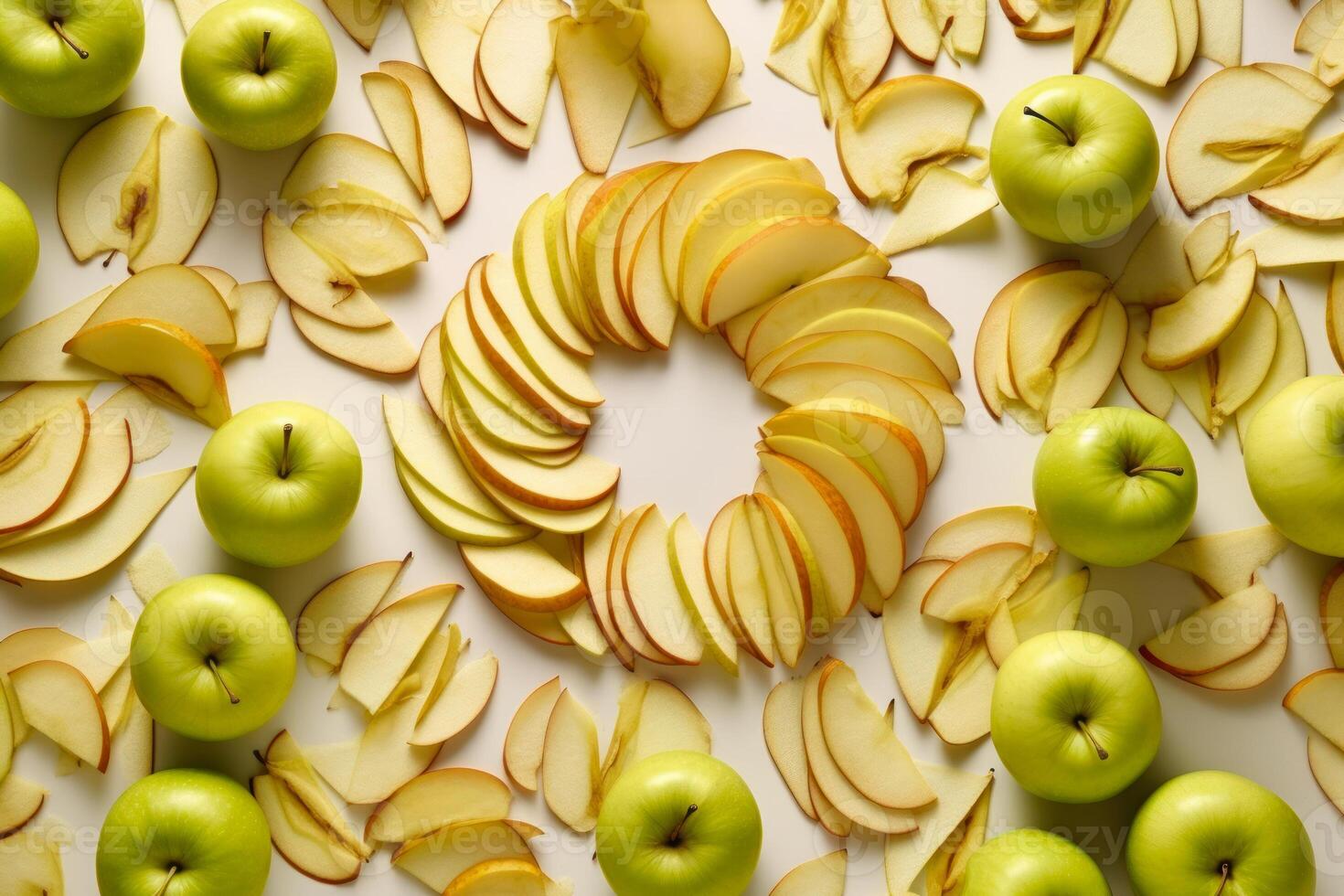 apple background, apple slices and apples spread out on a white table top view photo