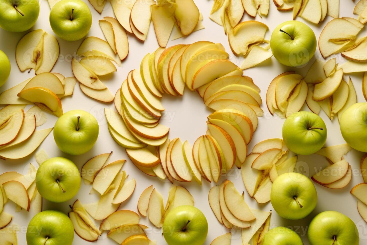 apple background, apple slices and apples spread out on a white table top view generative ai photo