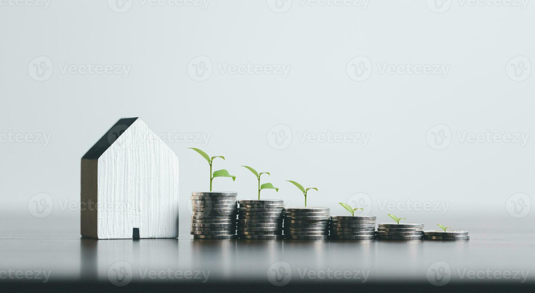 Stack coin with plant growing on and home model for family put on top in office, Business investment loan for real estate or save money for buy new house in future concept. Planning to buy property. photo