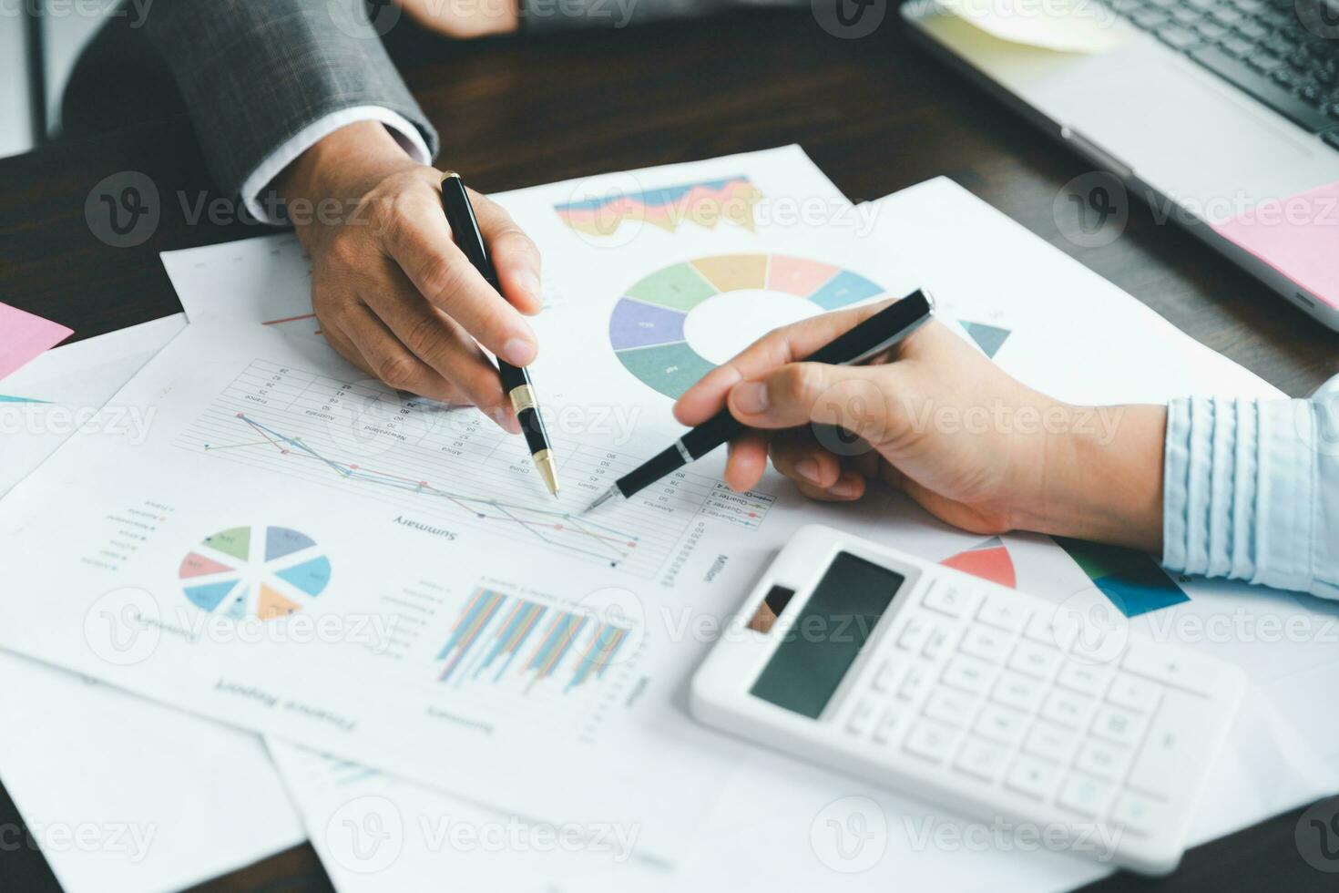 Business team collaboration discussing working analyzing with financial data and marketing growth report graph in team, presentation and brainstorming to strategy planning making profit of company. photo