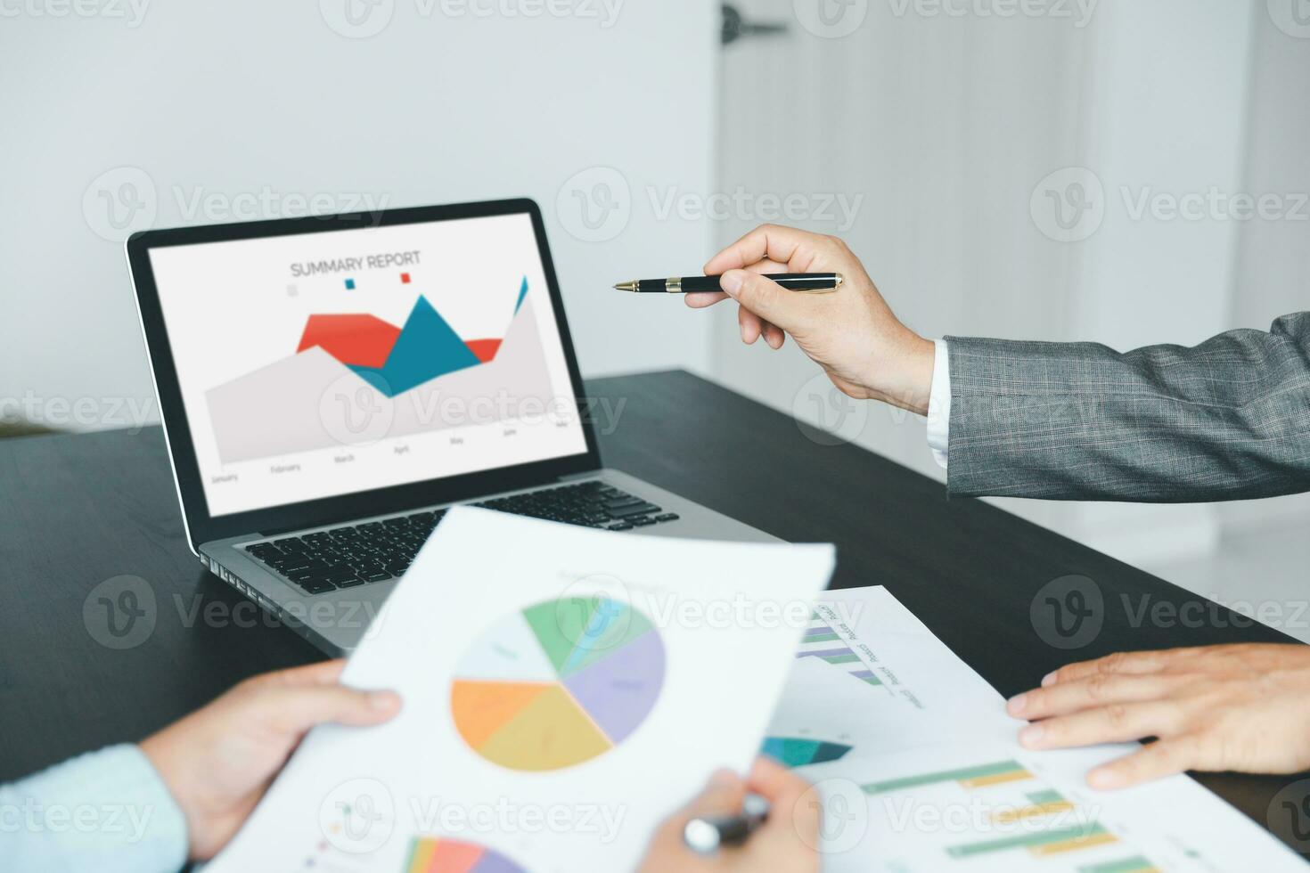 Business team collaboration discussing working analyzing with financial data and marketing growth report graph in team, presentation and brainstorming to strategy planning making profit of company. photo