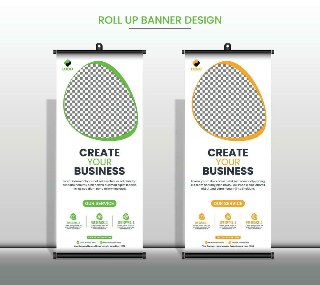 creativo negocio agencia rodar arriba bandera diseño, corporativo enrollar bandera con verde, amarillo 2 color modelo Pro vector