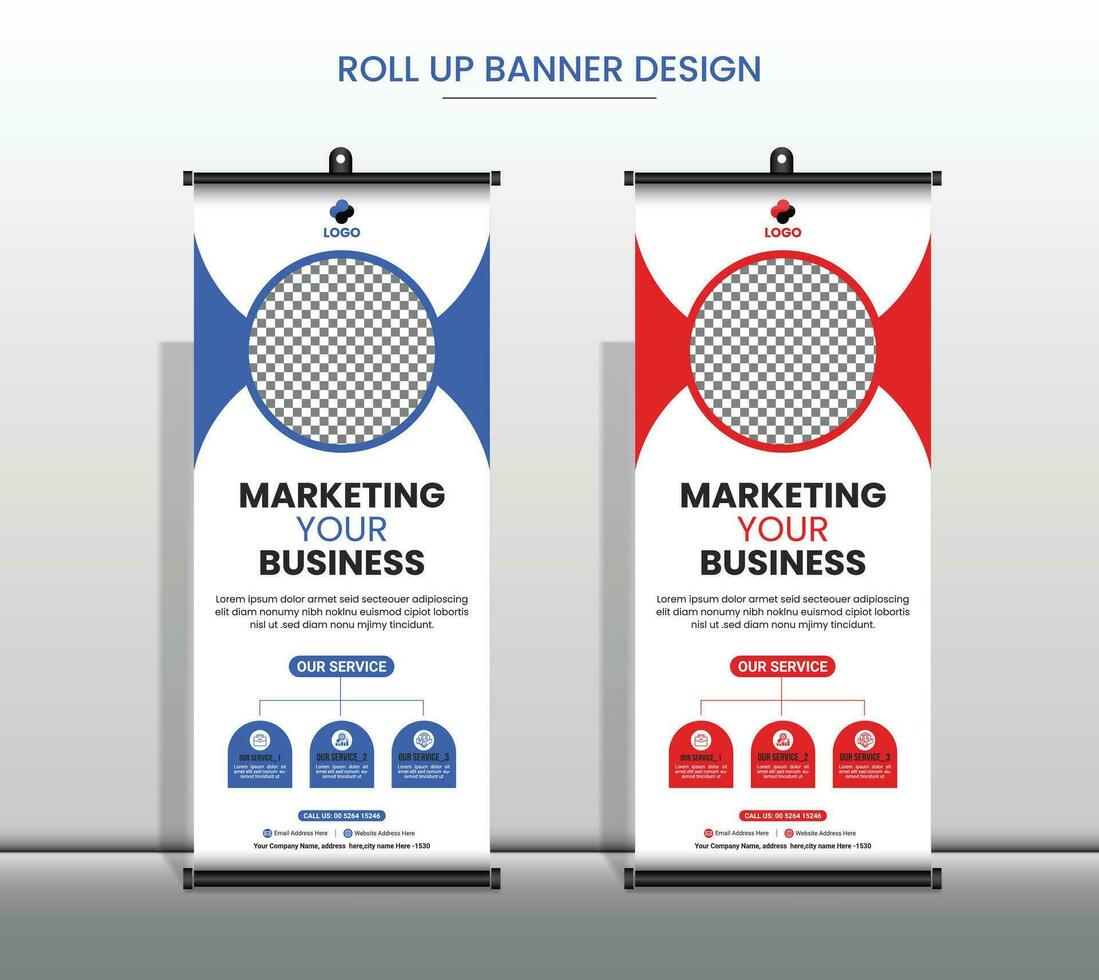 Creative business agency roll up banner design, Corporate rollup banner with dlue, red 2 color template pro vector