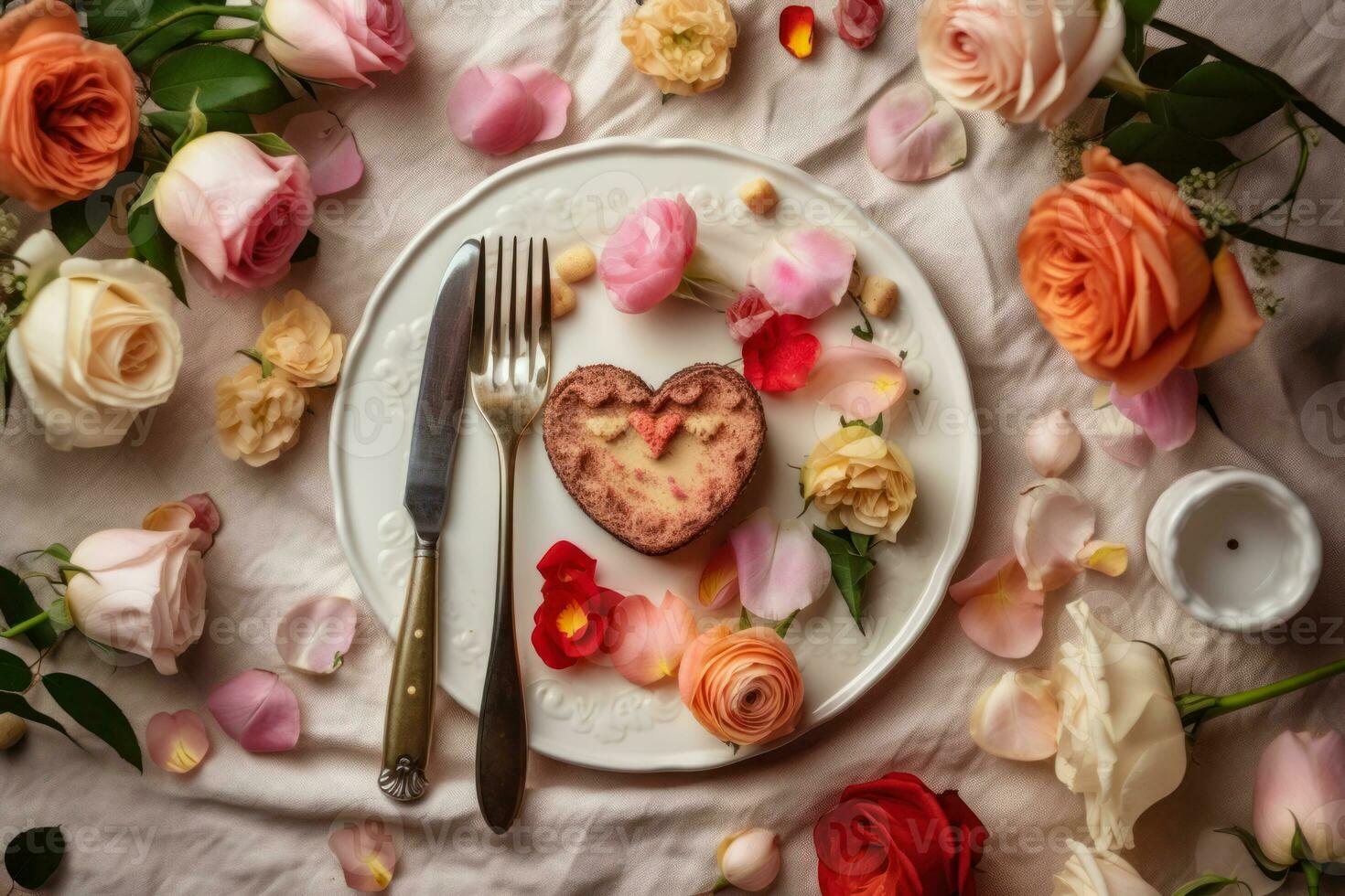 mesa ajuste para amantes con rosado flores y corazón parte superior ver generativo ai foto