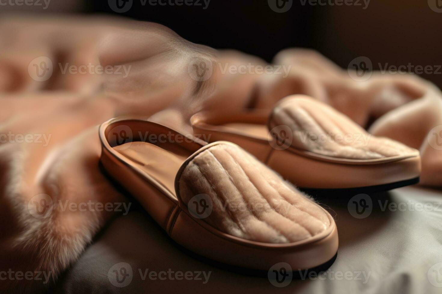 soft slippers in the bedroom close-up, home comfort concept generative ai photo