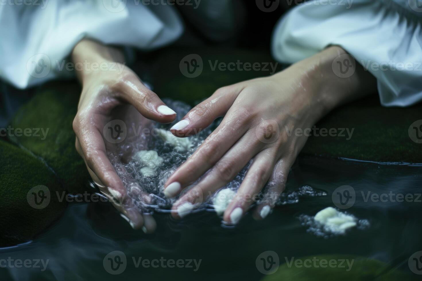 niña lavados su manos con fragante flor pétalos generativo ai foto