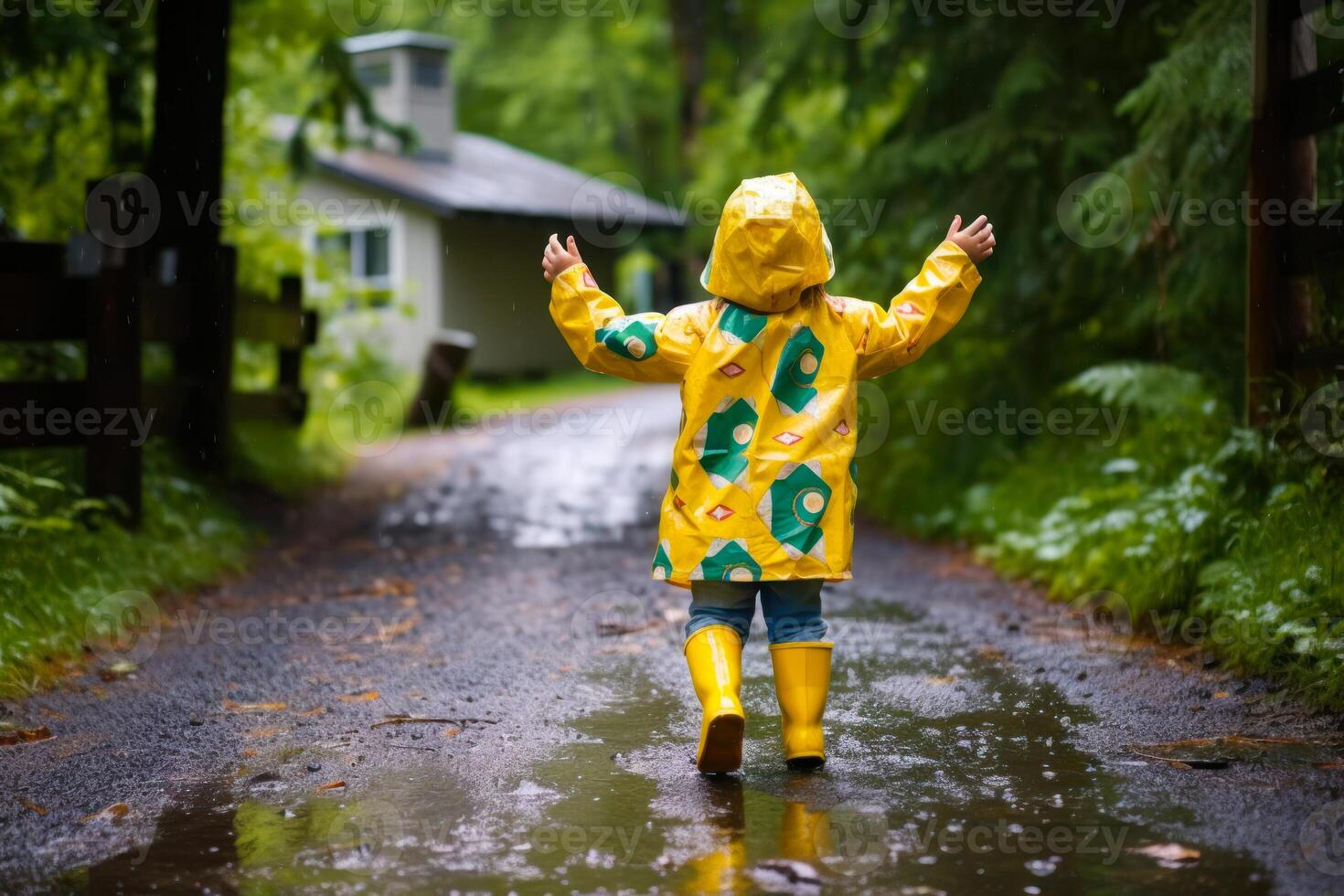 back view of a child in a yellow raincoat and yellow rubber boots playing outside in the rain generative ai photo