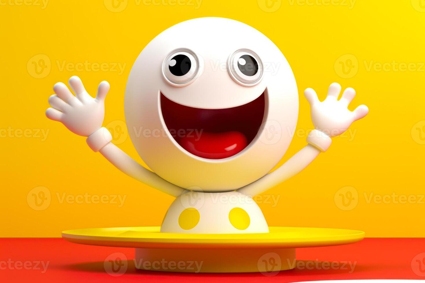 cartoon white character smiling and waving on yellow background with white plate photo