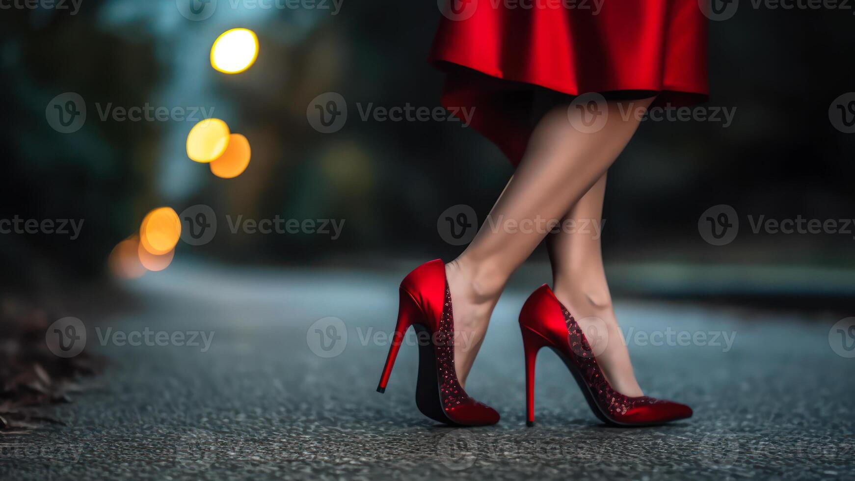 girl goes on a date in a red evening dress and high heels photo