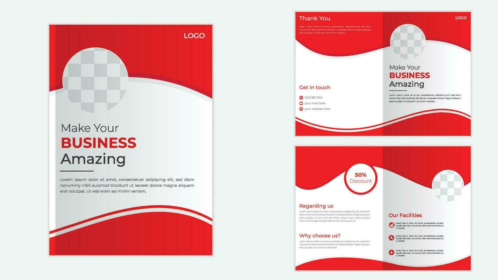 Modern professional abstract red color bi fold brochure design vector template for print.