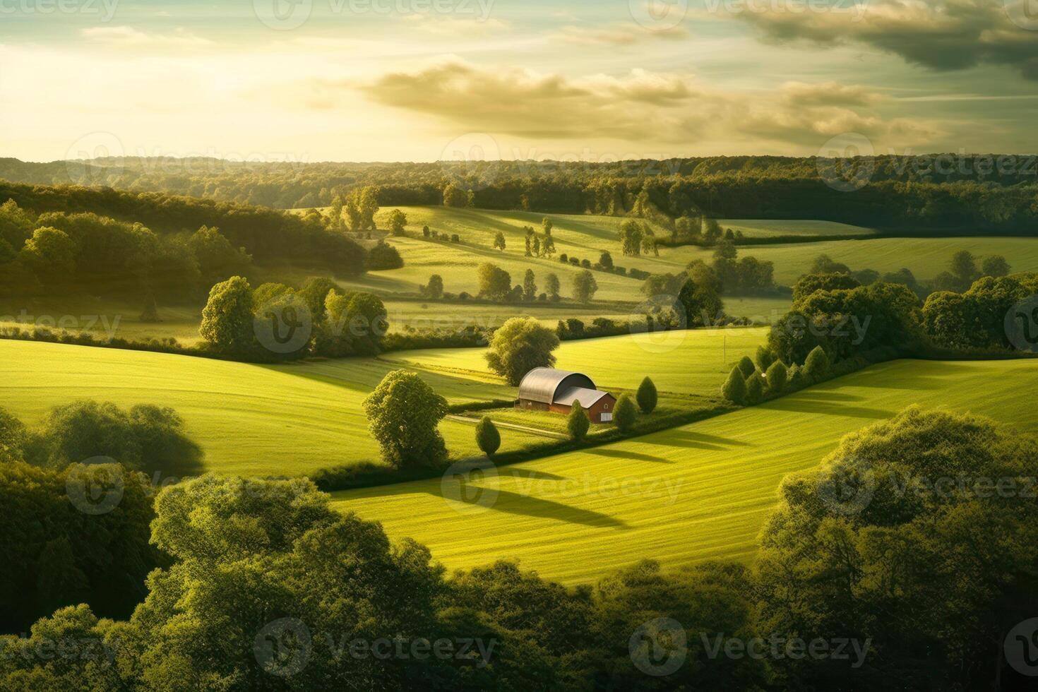farm on a green meadow next to a neat green fieldwarm sunset, view from a drone photo