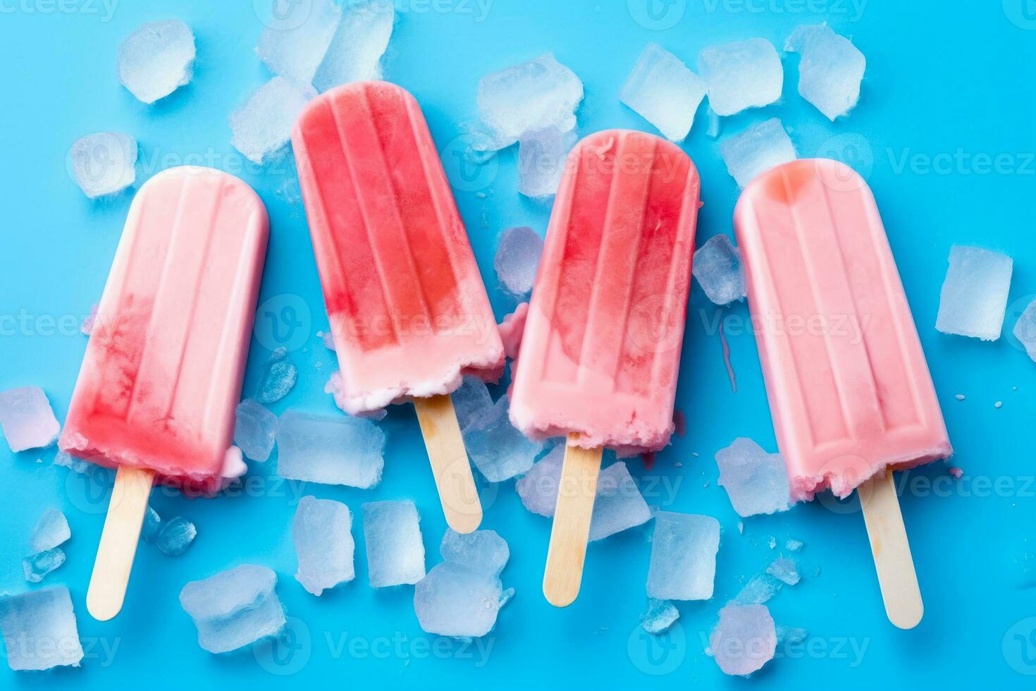 popsicles and ice cubes on blue background top view generative ai photo