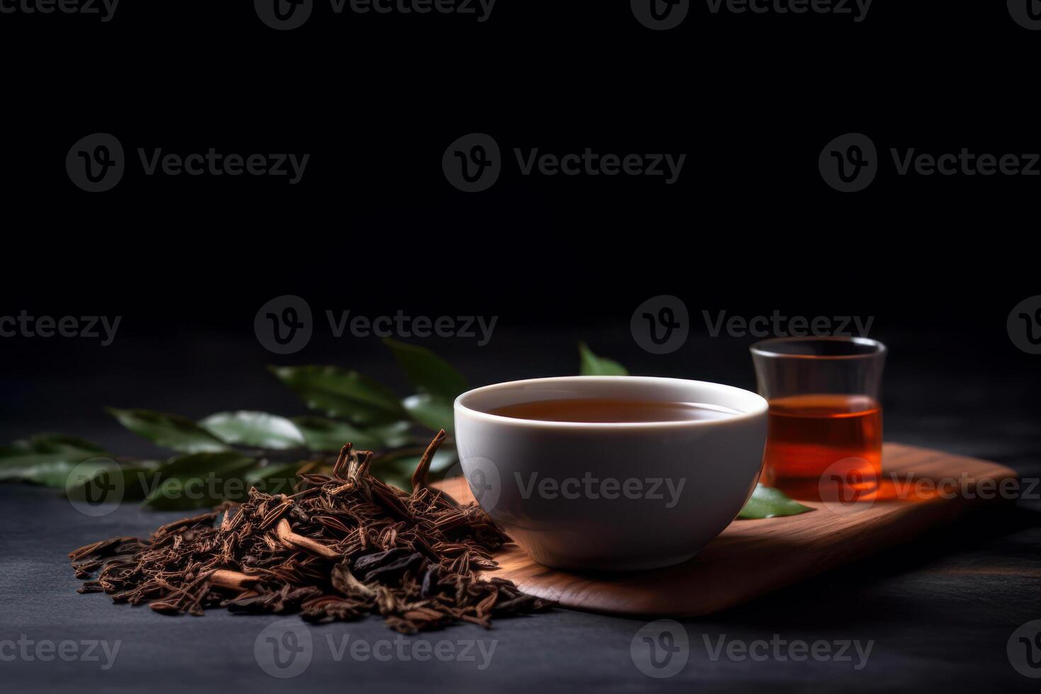 un taza negro hoja té generativo ai foto