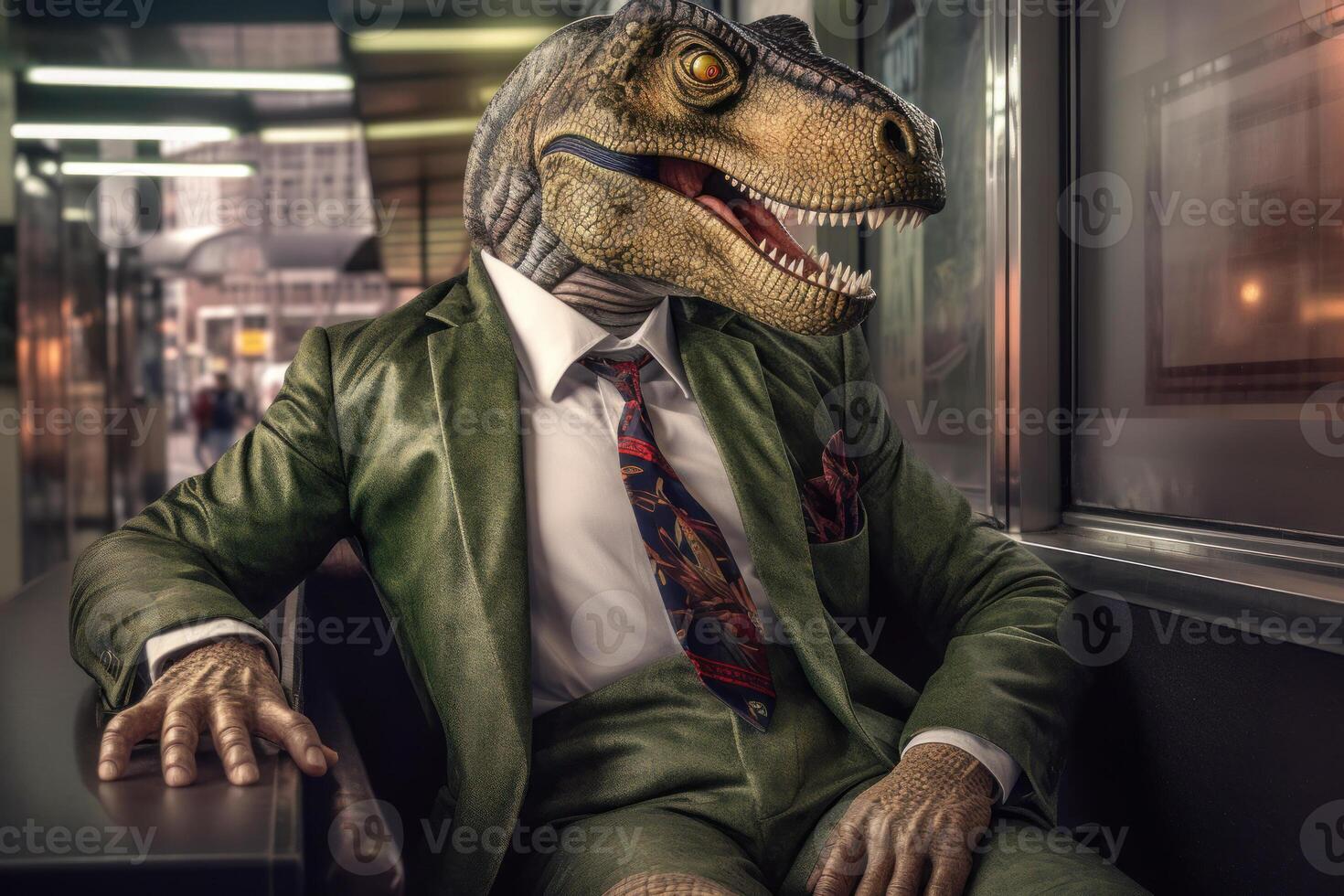 a dinosaur in a dark green formal suit sits in the office, the concept of competition, strength and toughness in business photo