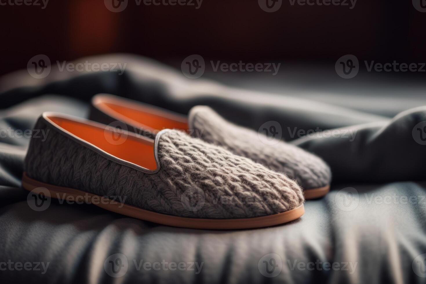 soft slippers in the bedroom close-up, home comfort concept photo
