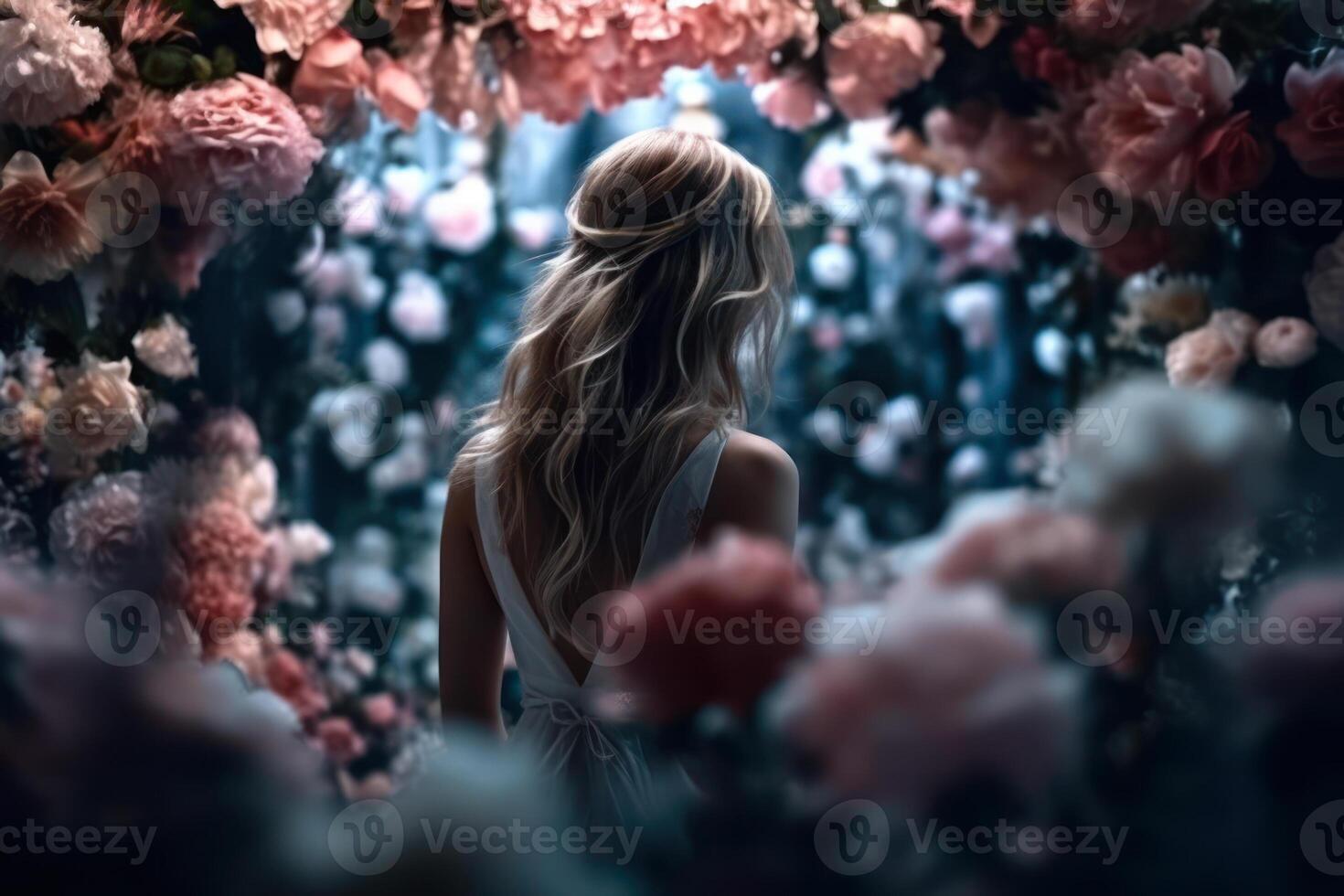 woman beauty bride in a wedding dress back view flowers arc background photo