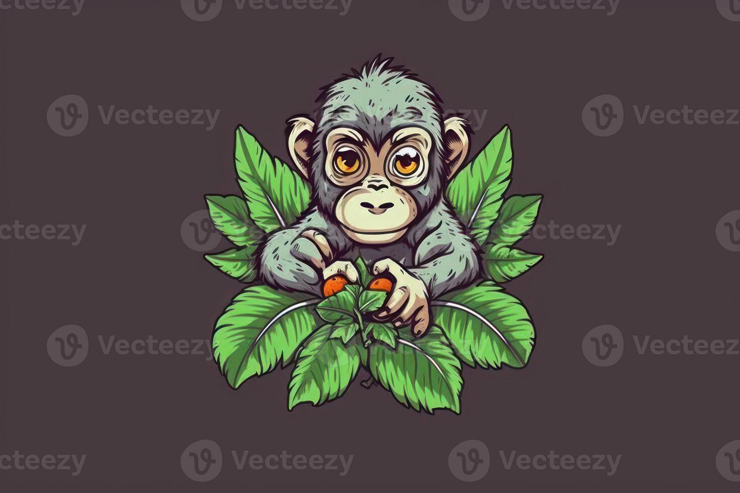 monkey logo in green leaves on dark background photo
